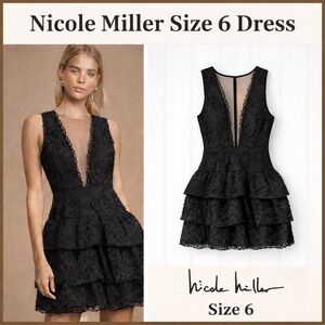 🖤 Nicole Miller Black Lace Ruffle Mini Dress · Sheer V-Neck · Size 6